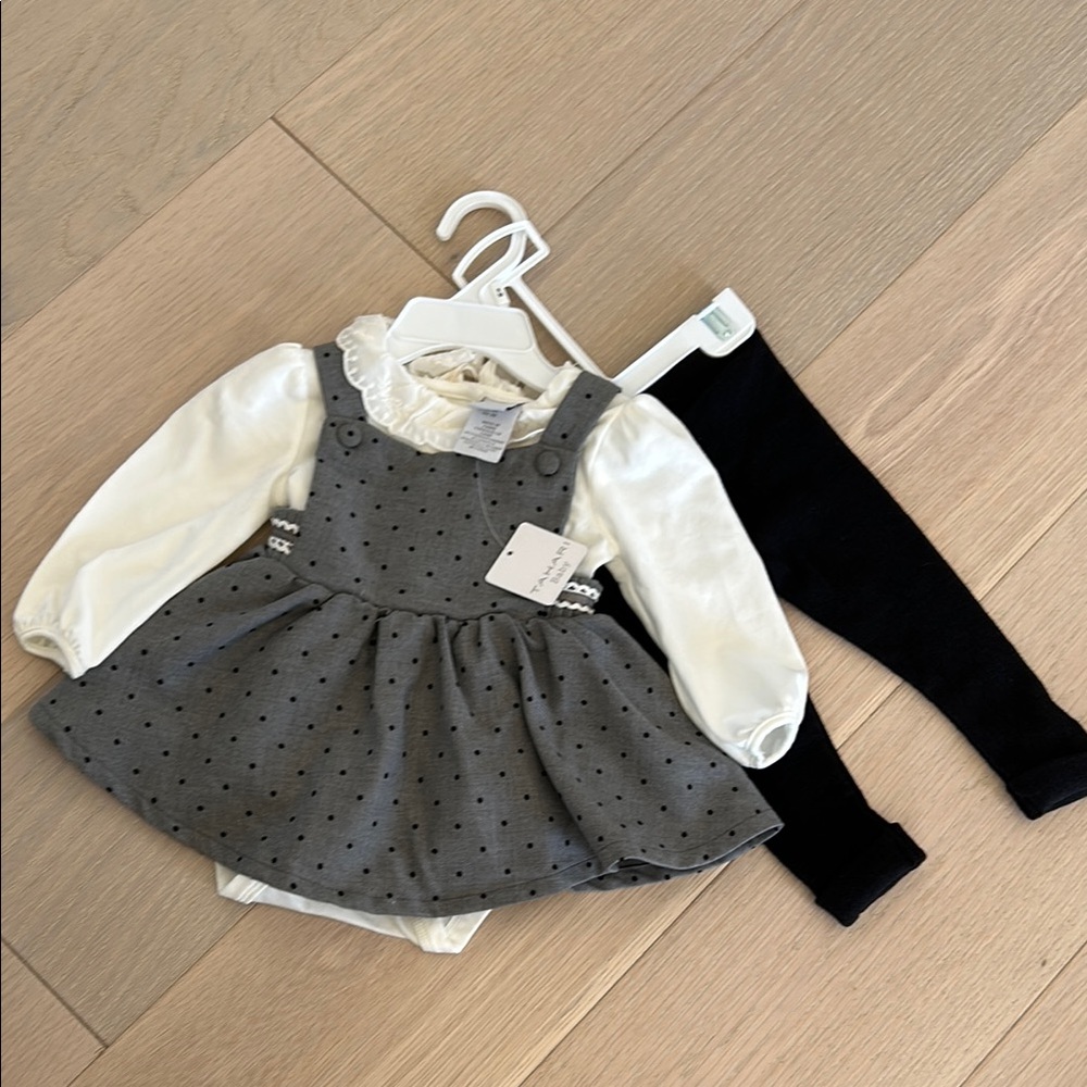 Gray Polka Dot Baby Dress with White Top and Black Leggings